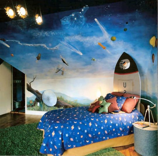Interior de una habitación infantil con temática espacial con